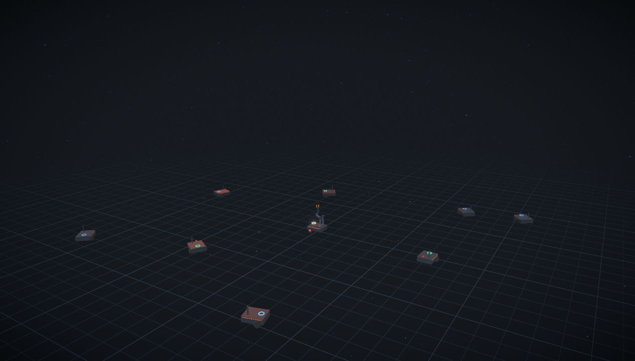 A dozen worker robots spread across a dark blueprint grid, their status rings lit blue and green.