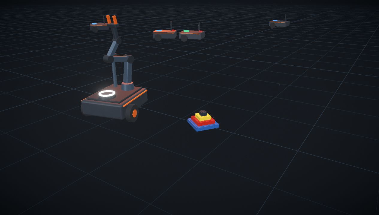 A worker at rest beside the completed build, the blueprint grid receding into the dark.