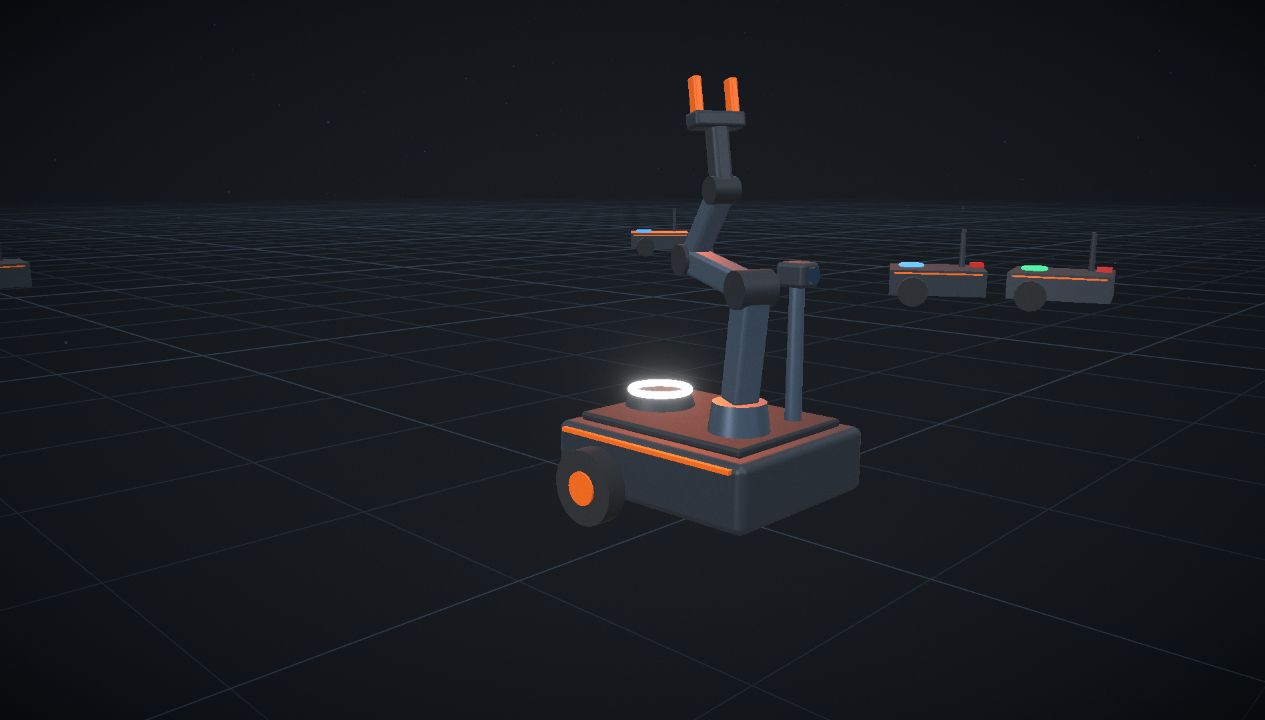 A single Worker V1 in close view: differential-drive base, four-jointed arm, camera mast and a lit white status ring.